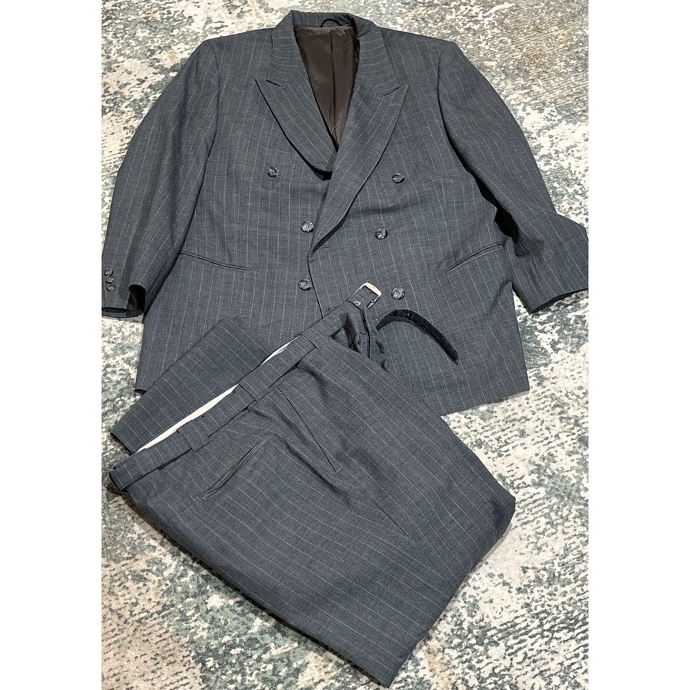 Vintage Fox Brothers Chicago Suit Pin Stripe Double Breasted Adjustable Waist